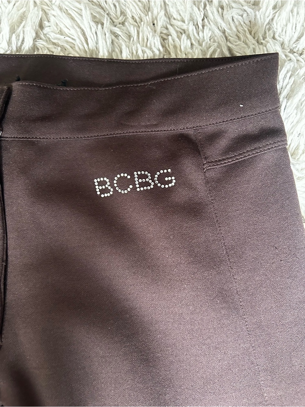 BCBG Women’s Brown Rhinestone Logo Low Rise Flare Slacks